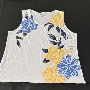 Coral Bay White Tank Top with Blue and Yellow Floral Design, size XL